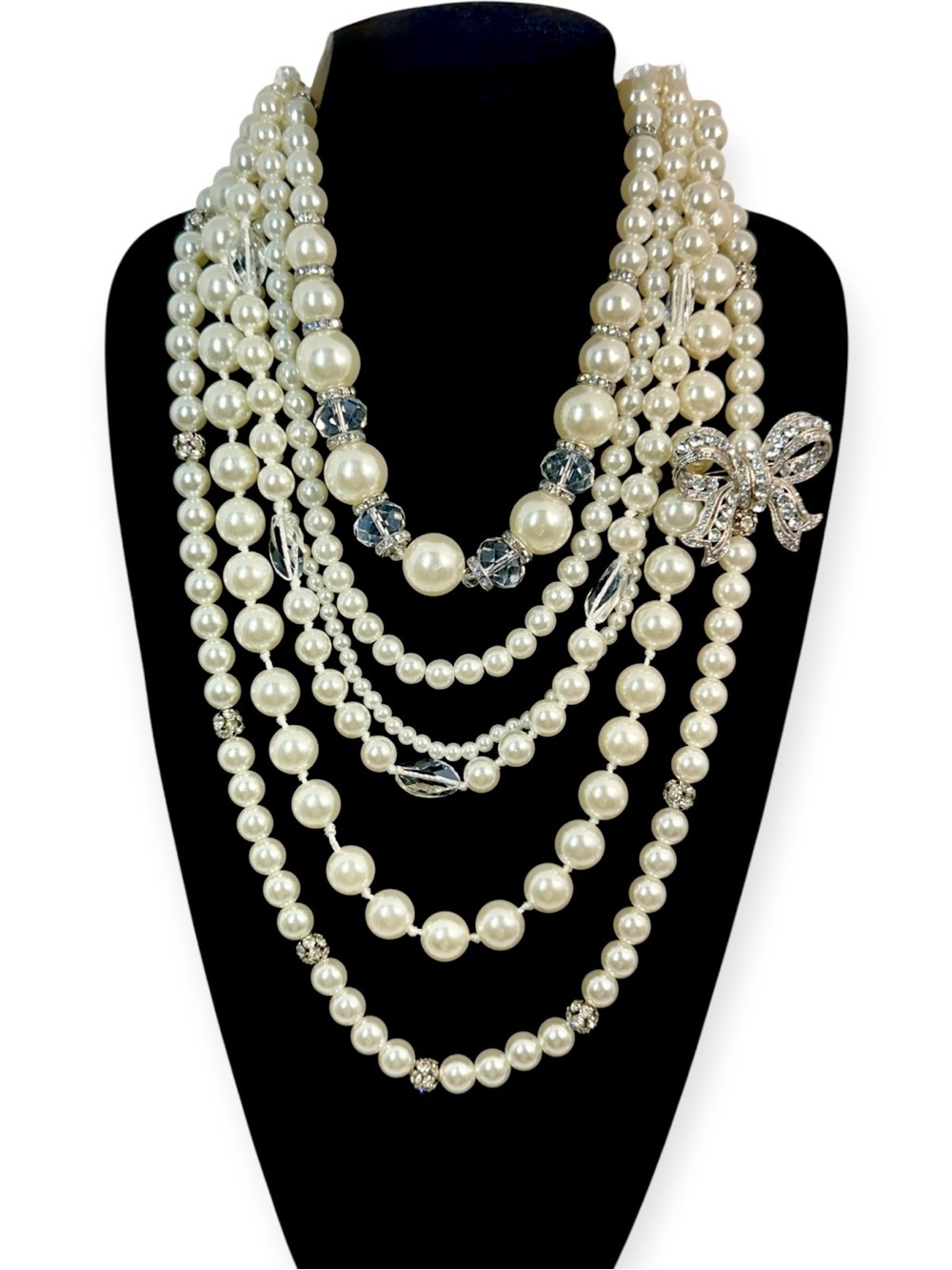 WHBM $98 Multi Strand Pearl Crystal Bow Statement Necklace 36” NWT